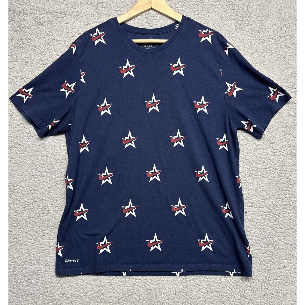 Nike Mens Shirt XL Blue Graphic Dri Fit Pullover Swoosh Star Logo Double Sided